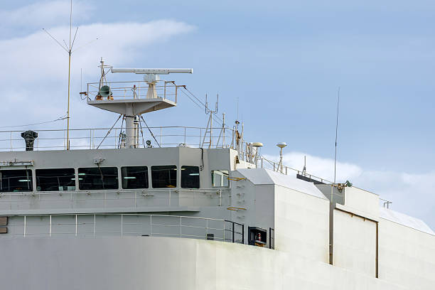 Horizontal view berthed Ro-Ro cargo ship's upper deck showing bridge windows, radar, antennas and various communication equipment.
