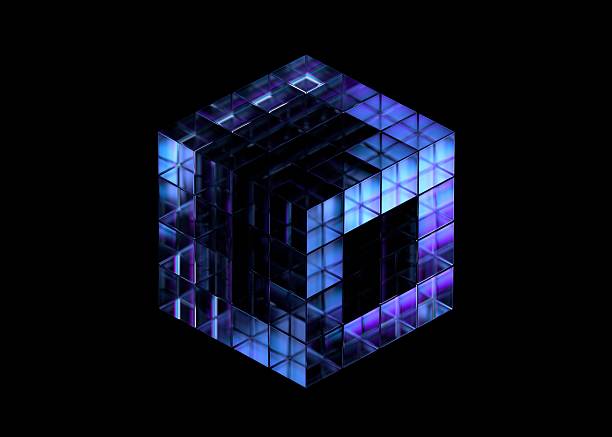 Purple glass cube divided into small cubes on a black background, 3d render