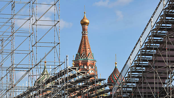 Saint Basil's Cathedral undergoing restoration with scaffolding and construction structures in Red Square