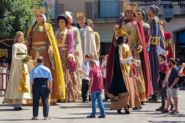 Granollers, Spain - August 30, 2025: Gegants de Lleida performing in front of La Porxada during the Festa Major de Blancs i Blaus in Granollers, Catalonia, Spain.