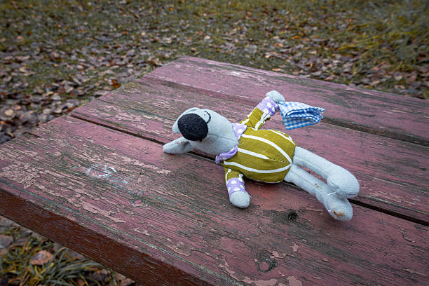 Stuffed toy lies on worn wooden table with peeling paint. Grass and fallen leaves visible in background.