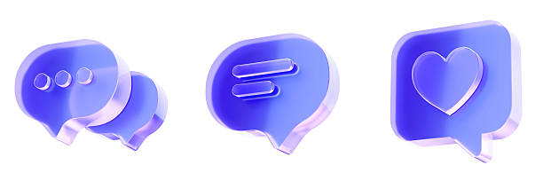 Set 3D Glass communication interaction icon isolated on transparent background, concept of messaging conversation and social engagement. Transparent Liquid Glass icon. 3D rendering.