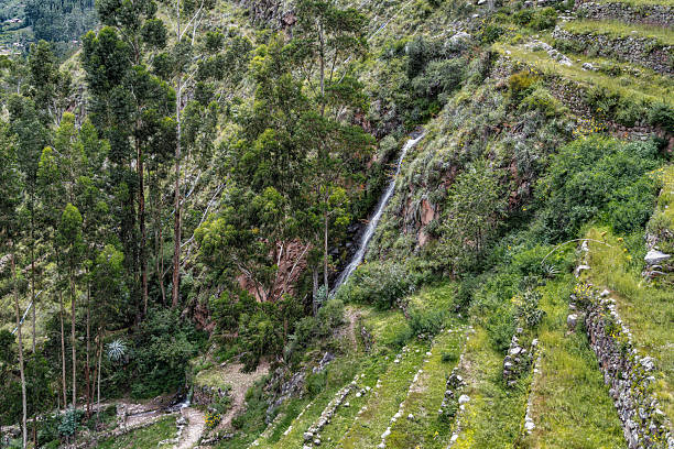 Beautiful scenic view with the Cascada Acchapata (Acchapata Waterfall), a natural attraction located near the entrance to the lower section of the Pisac Archaeological Park in the Sacred Valley of Peru