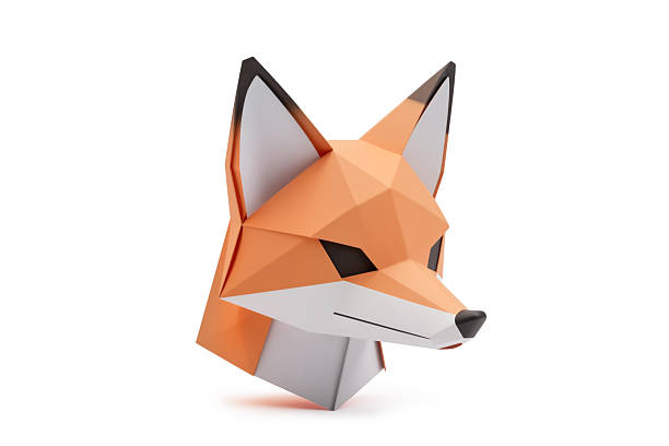 3d rendering of a low poly fox head featuring geometric shapes in a papercraft style, isolated on a white background.