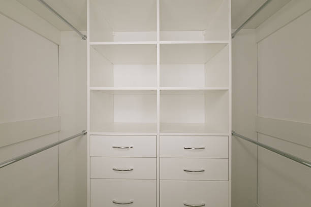 Minimalist Walk-In Closet Interior with White Shelving System, Open Wardrobe Storage, Built-In Drawers, Clean Modern Dressing Room Design