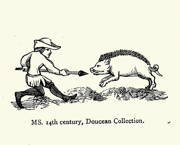 History hunting, Wild Boer hunt, Hunter armed with a spear, Medieval, 14th Century