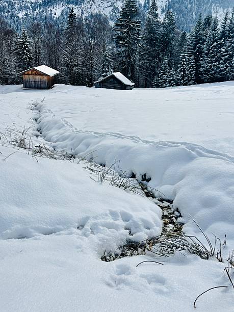 Peaceful winter scene with snow-covered meadow, small wooden cabins, pine forest and distant hills under dramatic cloudy sky.