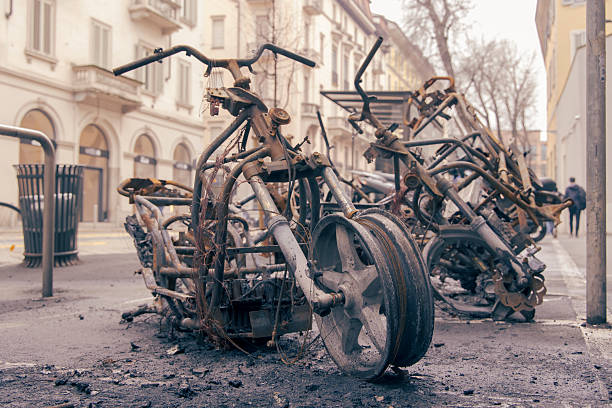 Closeup burnt out motorcycle, background with copy space