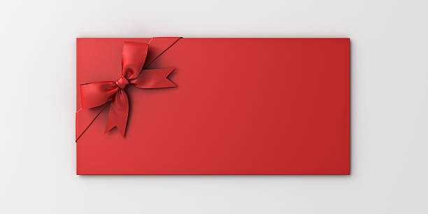 Blank red gift voucher with red ribbon bow or empty gift card signboard isolated on grey background with shadow minimal conceptual 3D rendering