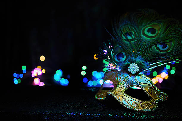 A young woman wearing a feathered party mask.