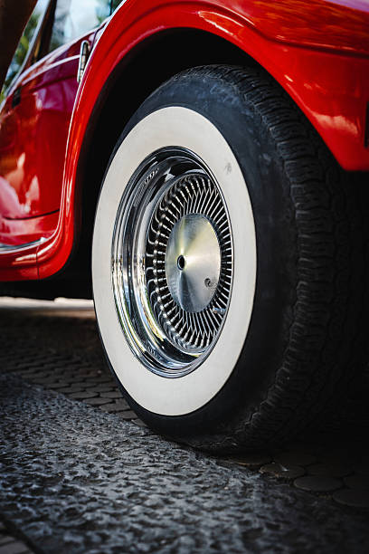 Macro shot of retro car tire and rim emphasizing texture, design, and craftsmanship perfect for automotive enthusiasts, advertising
