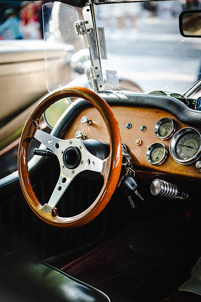 Detailed perspective of a vintage car interior highlighting smooth leather seats, retro dashboard layout, polished chrome accents, and steering wheel details emphasizing timeless design.