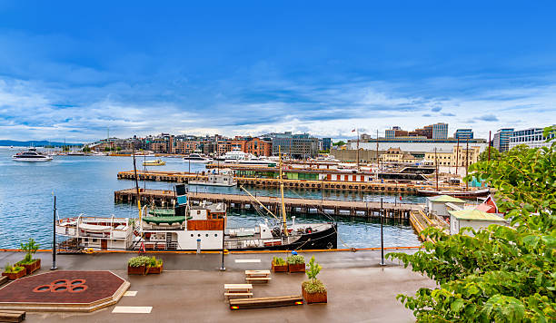 Harbor view of Pipervika bay in Oslo Norway, showing Aker Brygge style waterfront buildings, boats and blue summer sky