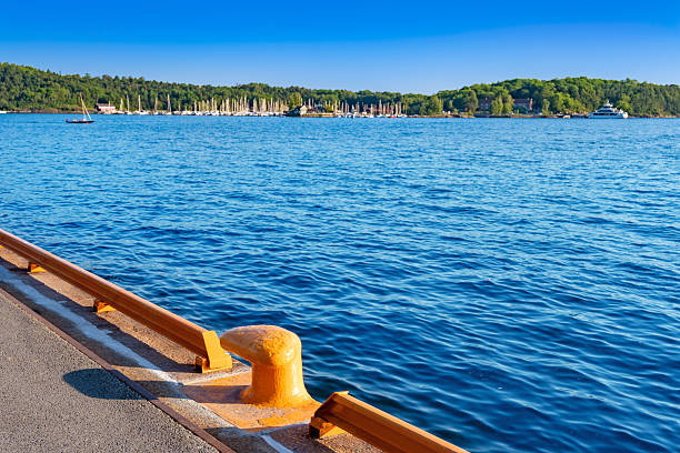 Sunny summer view across the Oslofjord from Akershusstranda bollard in Oslo Norway with calm blue sea and distant coastline