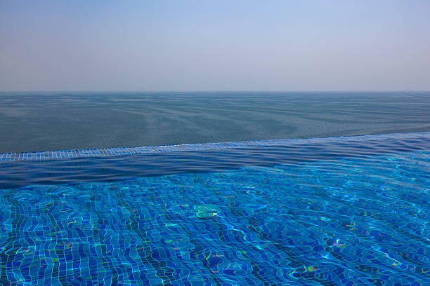 Infinity pool with clear blue water overlooking the ocean in Panama City, Panama. Minimalist composition with the pool edge blending into the sea horizon, illustrating luxury, relaxation, and modern waterfront living in daylight.