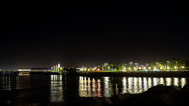 City lights illuminating the panama city coastline with reflections on the calm sea