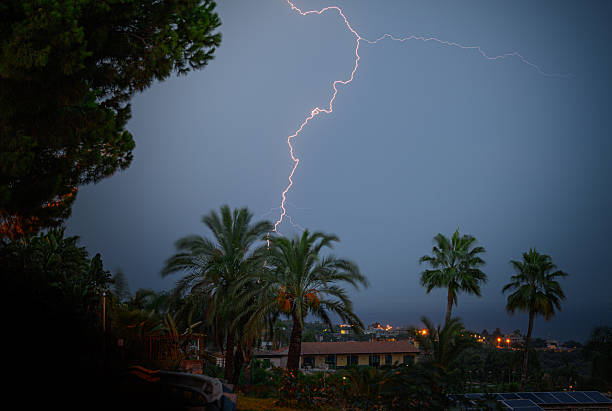Thunder, lightnings and rain during summer storm at night.