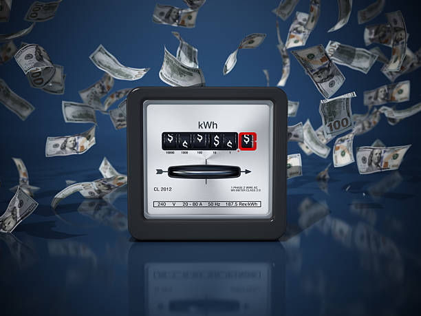 Electric meter displays energy usage in kWh while dollar bills float around, representing costs or savings. The setting highlights the relationship between energy and money.