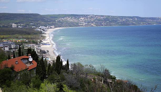 Scenic view of Kranevo beach, a popular Bulgarian Black Sea resort near Albena and Golden Sands, featuring wide sandy coastline and recreational areas