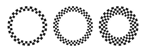 Set of round frames with black and white checkered print. Vignette with checkerboard, race flag or chess game plane pattern. Circular geometric framework. Vector graphic illistration.