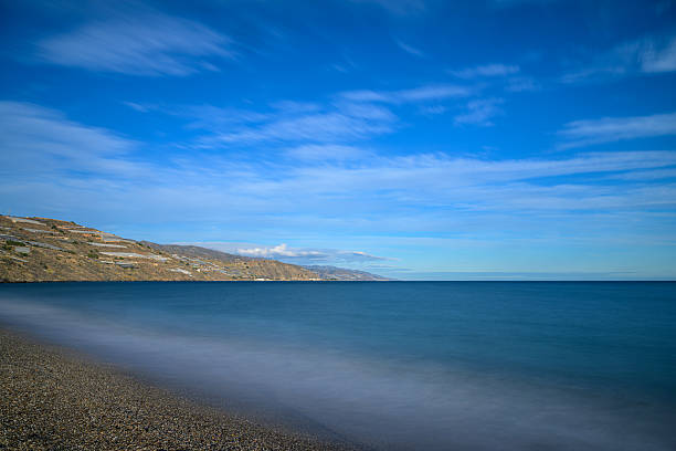 Daytime long exposure captures the serene beach at Castell de Ferro, Granada, Spain, with smoothed water and terraced agriculture on the hillside.