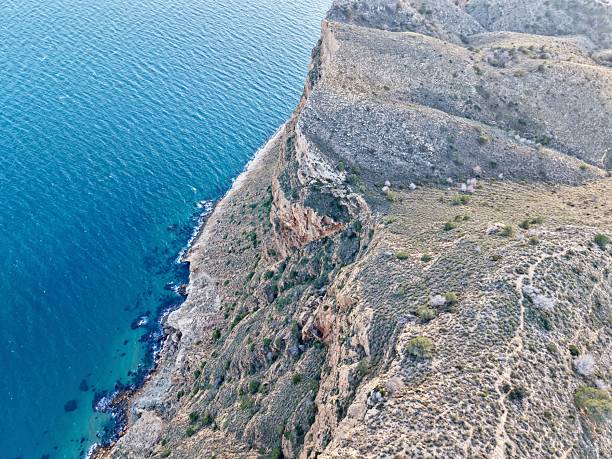Aerial cliff trail rugged promontory meets sea steep drop vegetation scrub ideal for trail planning