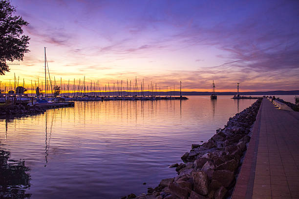 Sunset view of the Port and Pier of Siofok on the Lake Balaton, Hungary