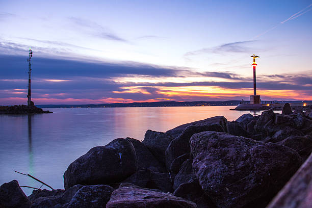 Amazing sunset on the Siofok Pier on the Lake Balaton, Hungary