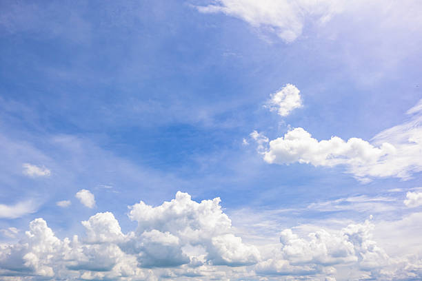 Panoramic view of clear blue sky and clouds, Blue sky background with tiny clouds. White fluffy clouds in the blue sky. Captivating stock photo featuring the mesmerizing beauty of the sky and clouds.
