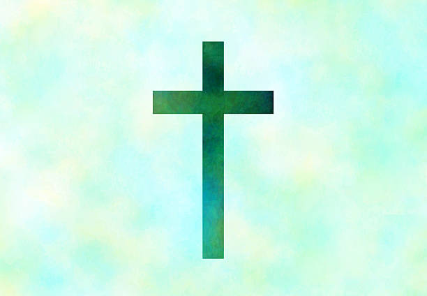 Green Christian cross on colourful pastel background.