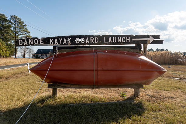 St. George Island, Maryland, USA A boat launch sign in a marina and a canoe.