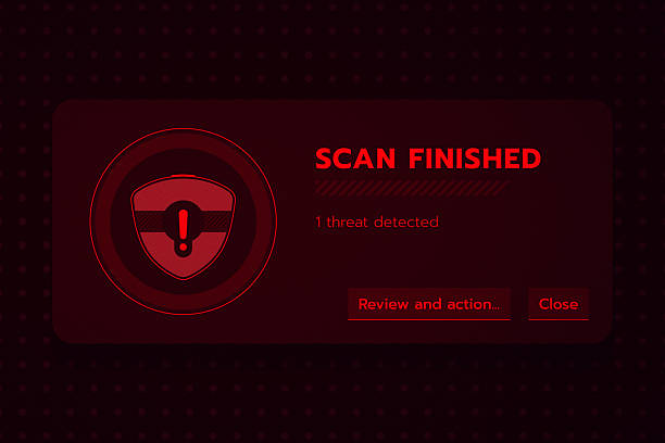 Security software interface showing completed scan with one threat detected. Red alert warning icon and action buttons on dark background for cybersecurity concepts.
