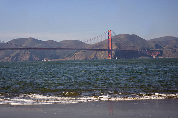 Golden Gate Bridge with ocean waves and mountain backdrop in sunlight