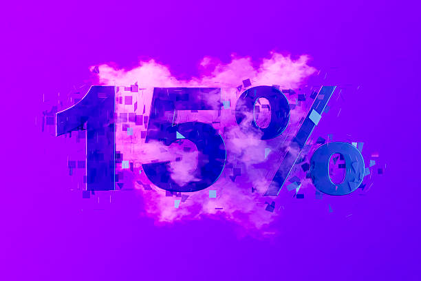 Sale 15% Off with Smoke on Neon Lighting Purple Background . Digitally generated image. 3d render.