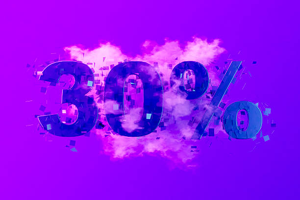 Sale 30% Off with Smoke on Neon Lighting Purple Background . Digitally generated image. 3d render.