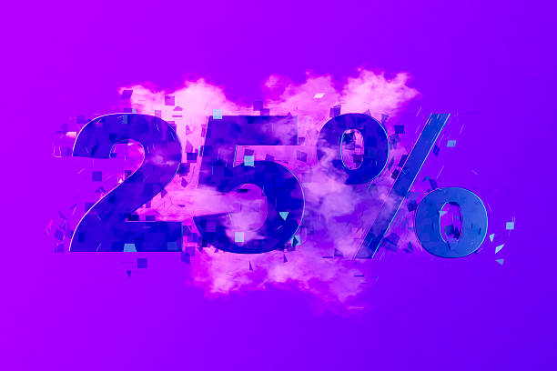 Sale 25% Off with Smoke on Neon Lighting Purple Background . Digitally generated image. 3d render.