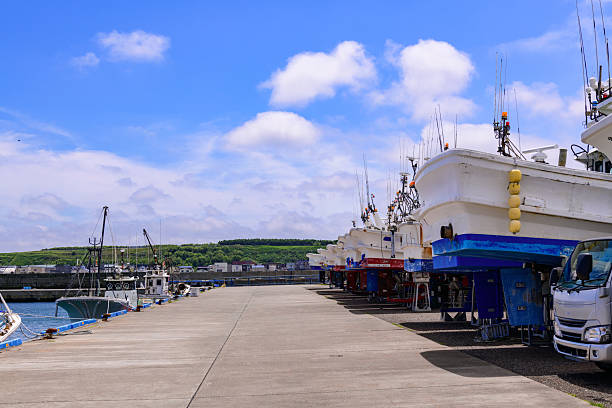 Coastal scenery of Cape Soya and Port Soya under the clear blue sky in June