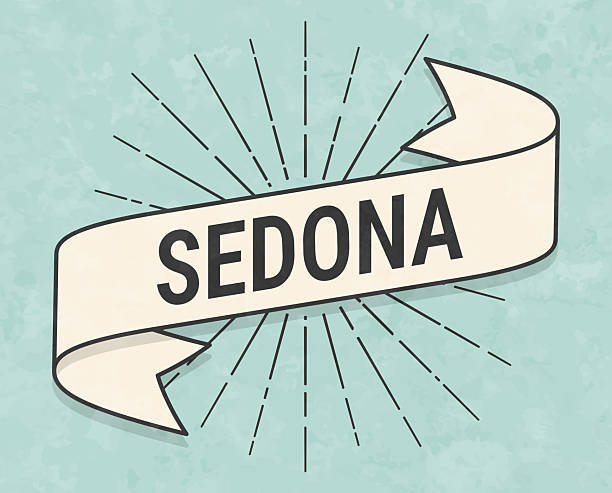 Sedona. Banner, ribbon, label in a trendy vintage style. Beautiful retro ribbon with old textured paper and sunbursts in the background. Colors used: green, blue, beige and black. The banner is beige with a black outline, the sunbursts and the text are black. The background is green-blue. Vector Illustration (EPS file, well layered and grouped). Easy to edit, manipulate, resize or colorize. Vector and Jpeg file of different sizes.