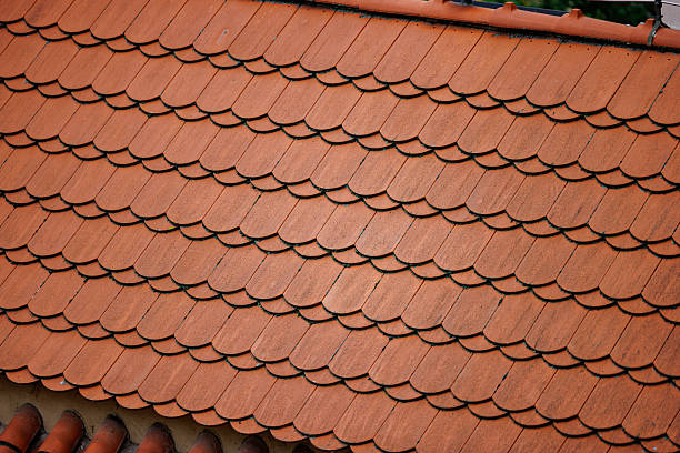 Detailed view of red ceramic tiles covering a rooftop with an organized and textured pattern in Prague.