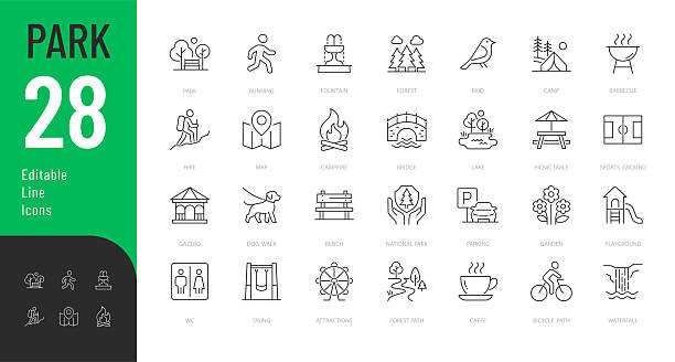 ilustraciones, imágenes clip art, dibujos animados e iconos de stock de listos de iconos editables de línea de parque. - actividad al aire libre