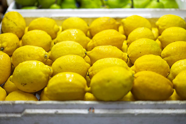 Fresh yellow lemons neatly arranged in a white foam crate at a local market stall. The close-up view highlights the vibrant color and natural texture of the citrus fruits, representing fresh produce, grocery shopping, and healthy food ingredients.