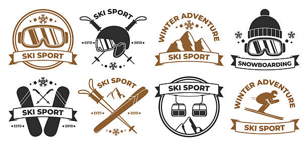 Ski badges and snowboarding winter sports adventure logo isolated set. Retro typography emblems with goggles, skis, snowy peaks and chairlift, skier for alpine resort branding vector illustration