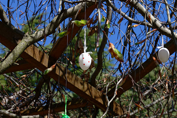 A decorative Easter egg, speckled with red dots, hangs from a tree branch against a blue sky. A festive, seasonal scene perfect for spring and Easter.