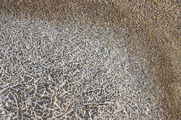 Frozen ice crystals on flat surface of beach sand in winter
