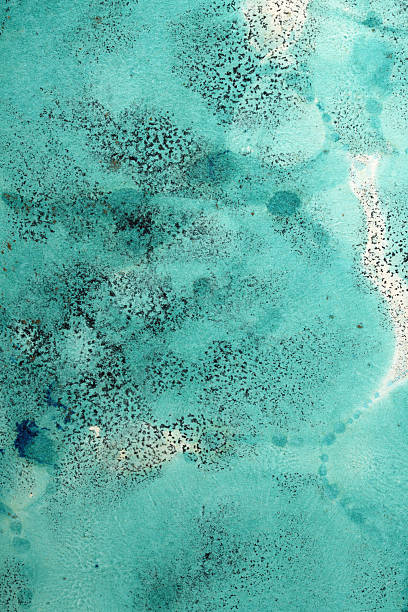 Mottled turquoise with black flecks mix waterpaint background texture on rough paper
