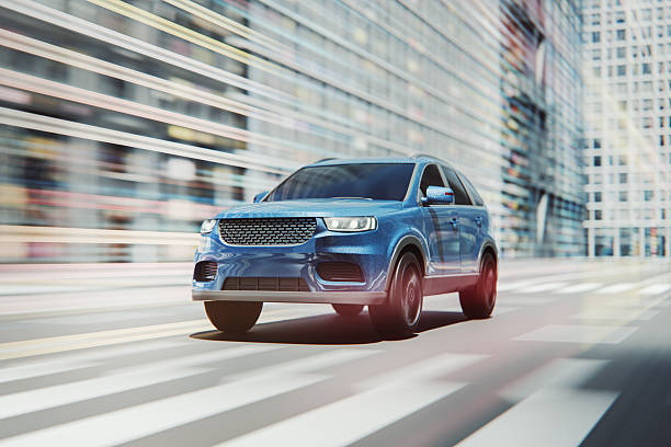 Generic modern SUV speeding in the city. 3D generated image. Car is generic and not based on any real (or concept) model/brand.