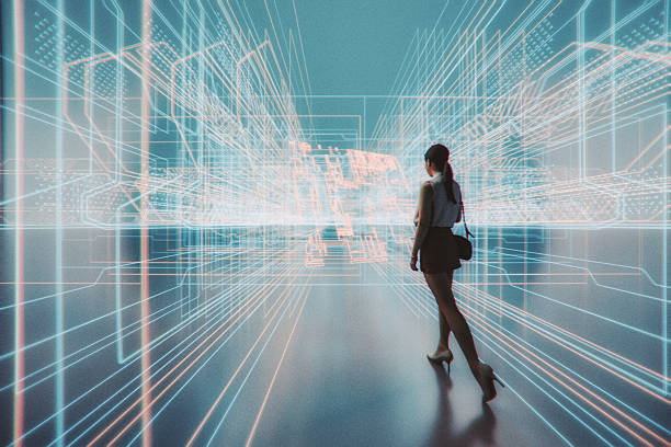 istock Young woman walking in VR environment 2257105391