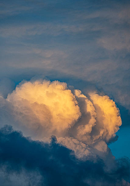 Dramatic golden cumulus clouds glowing at sunset against a blue sky