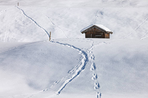 Snow covered shed in the mountains in winter on a sunny day in Austrian Alps.