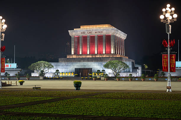 10 January 2026 Hanoi, Vietnam. Night view of the Ho Chi Minh Mausoleum illuminated with dramatic lighting, symmetrical composition, and ceremonial atmosphere, representing Vietnamese history, national identity, and monumental architecture in central Hanoi, Vietnam.